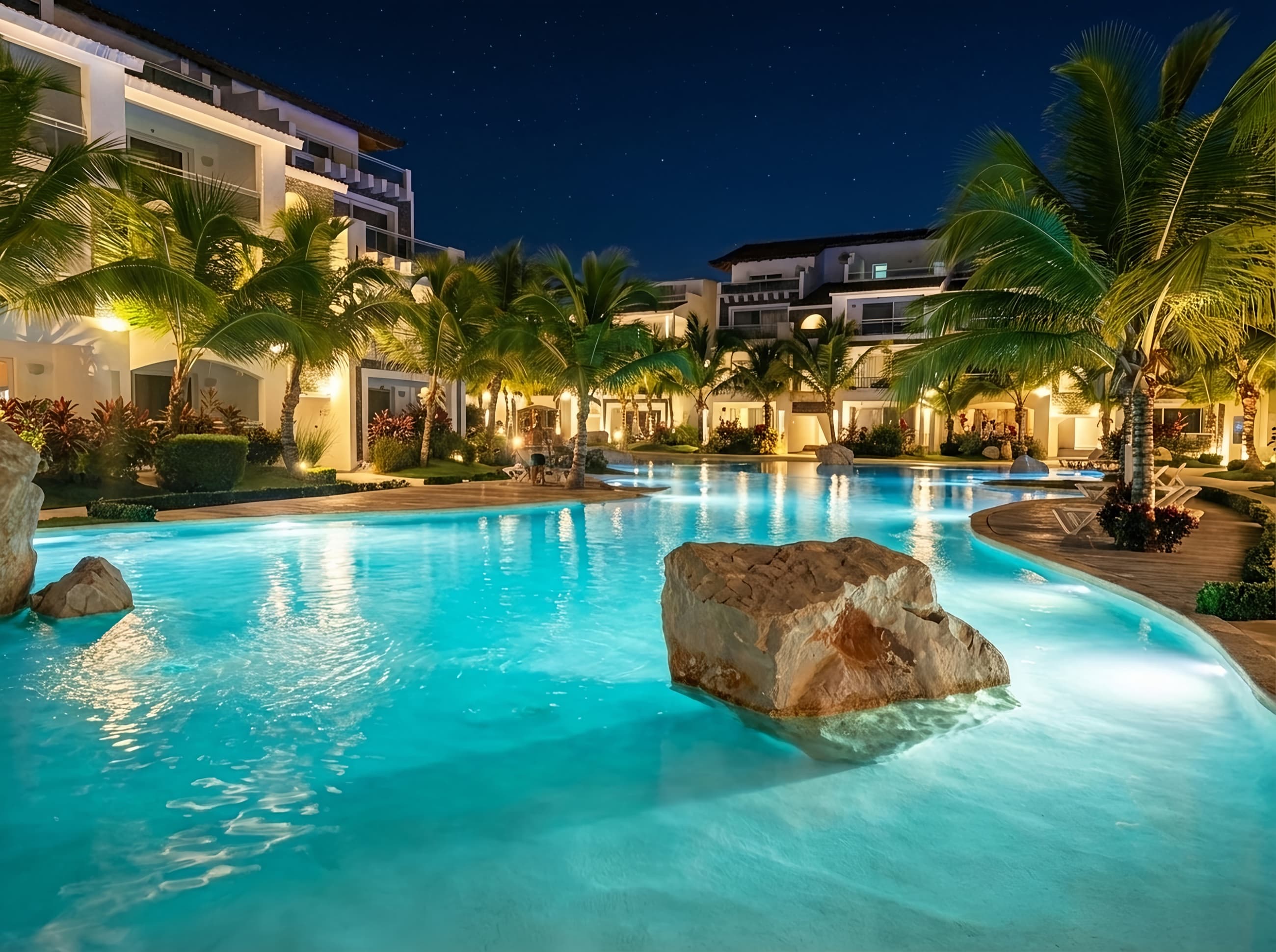 The saltwater pools of Estrella Dominicus under a starlit sky